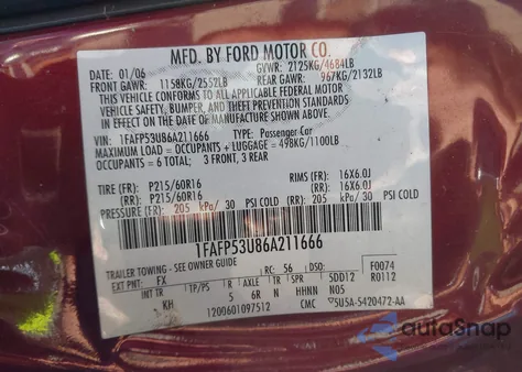 2006 Ford Taurus Se z USA, uszkodzony, nr VIN 1FAFP53U86A211666